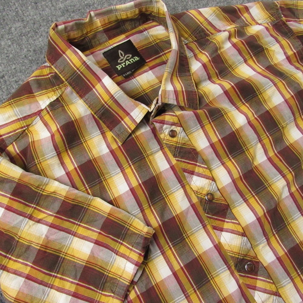 PrAna Shirt Mens XL Yellow Red Plaid Short Sleeve Lightweight Button Up Outdoor